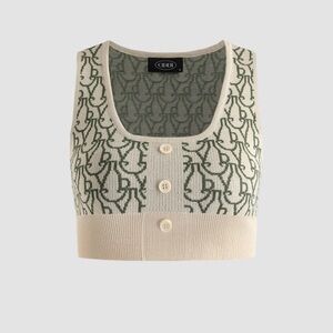 Cider  S Cream Green Knit Sweater Vest Crop Top Square Neck Geometric Pattern